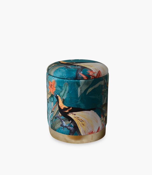 مقعد تخزين جانبي نورديك مخمل أزرق برسمة طيور