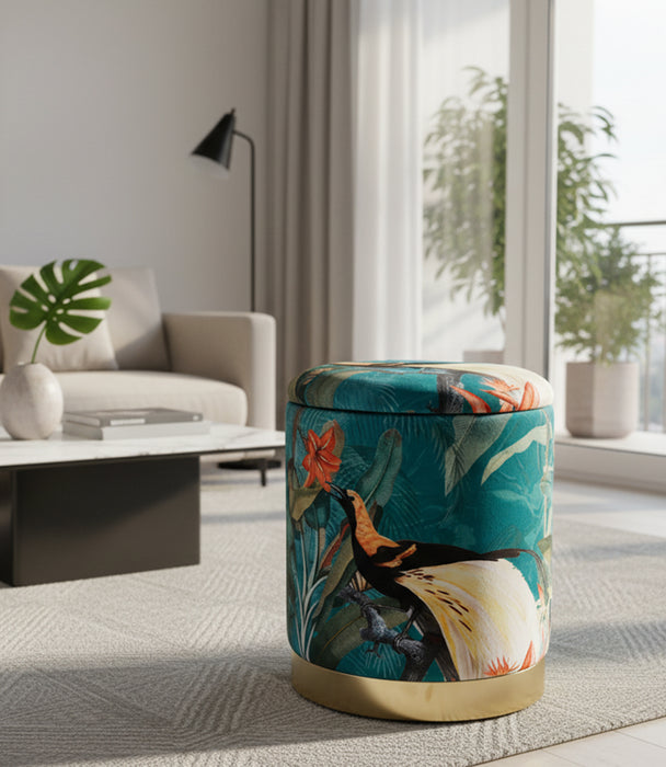 مقعد تخزين جانبي نورديك مخمل أزرق برسمة طيور