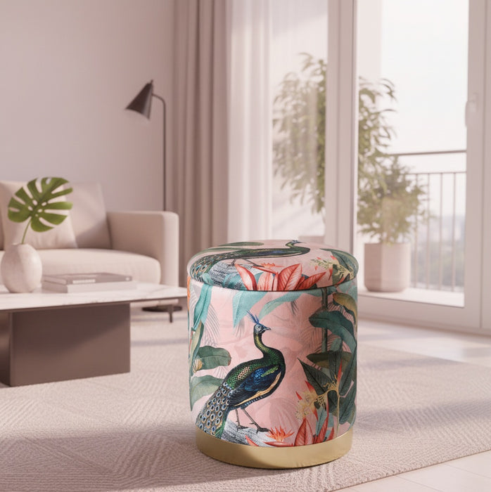 مقعد تخزين جانبي نورديك مخمل وردي برسمة طيور