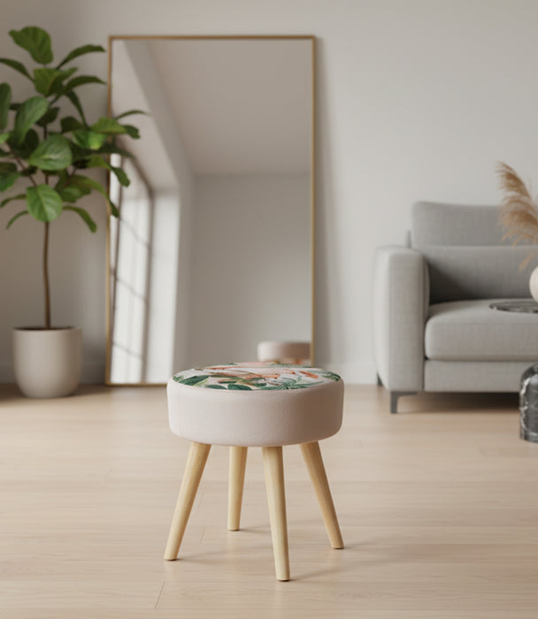 مقعد جانبي دائري نورديك مخمل أبيض برسمة طيور