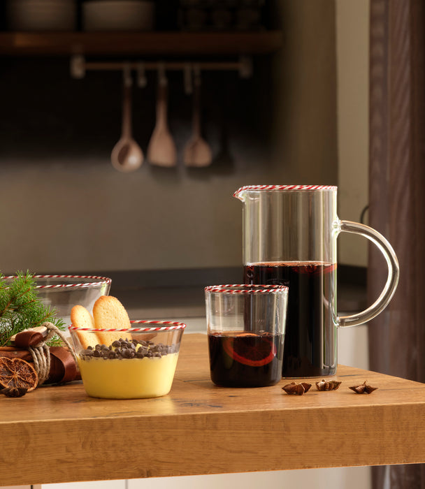 وعاء سويت زجاجي شفاف مع حافة حمراء وبيضاء - 18 سم