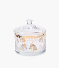 علبة حلوى هورس زجاج شفاف صغيرة بتفاصيل لون كهرماني مع غطاء