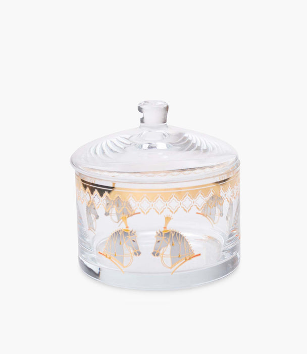 علبة حلوى هورس زجاج شفاف صغيرة بتفاصيل لون كهرماني مع غطاء