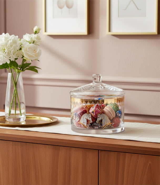 علبة حلوى هورس زجاج شفاف صغيرة بتفاصيل لون كهرماني مع غطاء