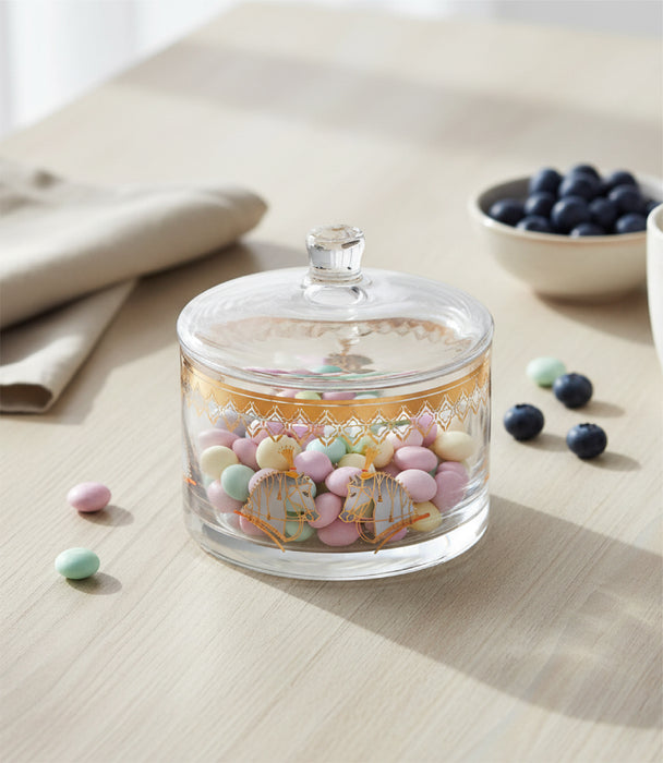 علبة حلوى هورس زجاج شفاف صغيرة بتفاصيل لون كهرماني مع غطاء