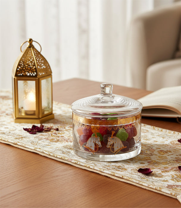 علبة حلوى هورس زجاج شفاف صغيرة بتفاصيل لون كهرماني مع غطاء