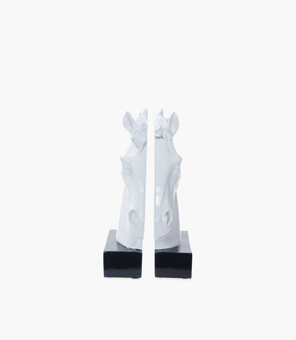 Resin Bookends White Head Of Horse With Black Base