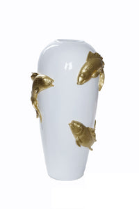 مزهرية تكستشرد تريجرز ريزن بيضاء مع أسماك كوي ذهبية