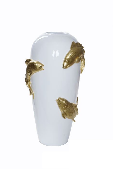 مزهرية تكستشرد تريجرز ريزن بيضاء مع أسماك كوي ذهبية