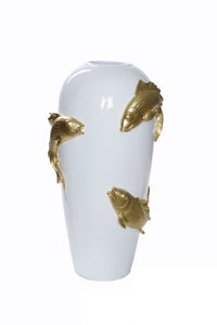 Resin Koi White Vase With Sculpted Gold 73cm