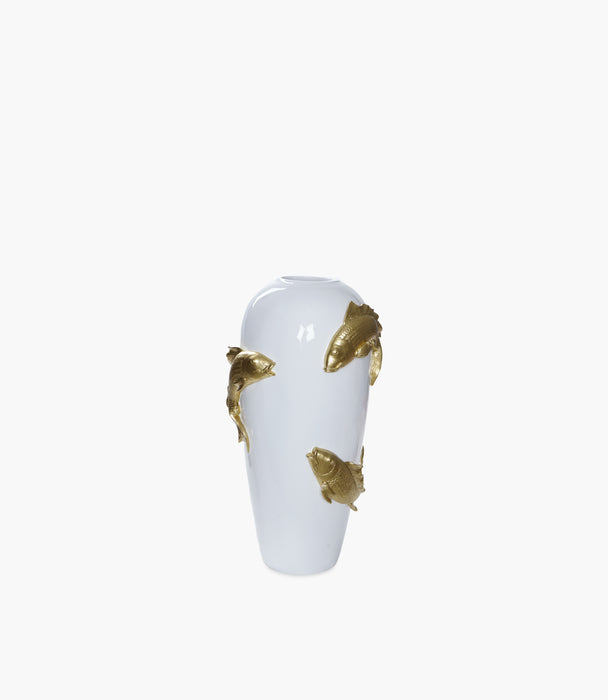Resin Koi White Vase With Sculpted Gold 73cm