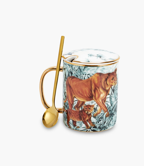 Flying Bird Ceramic Mug With Lid And Spoon 350mL Multicolour