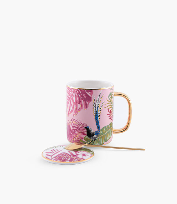 Flying Bird Ceramic Mug With Lid And Spoon 350mL Multicolour