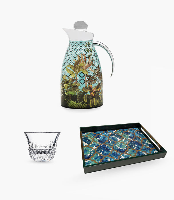 Amazonia Silver Leaves Bundle: Thermos, Cups, Tray -8 Pieces - Roomours UAE