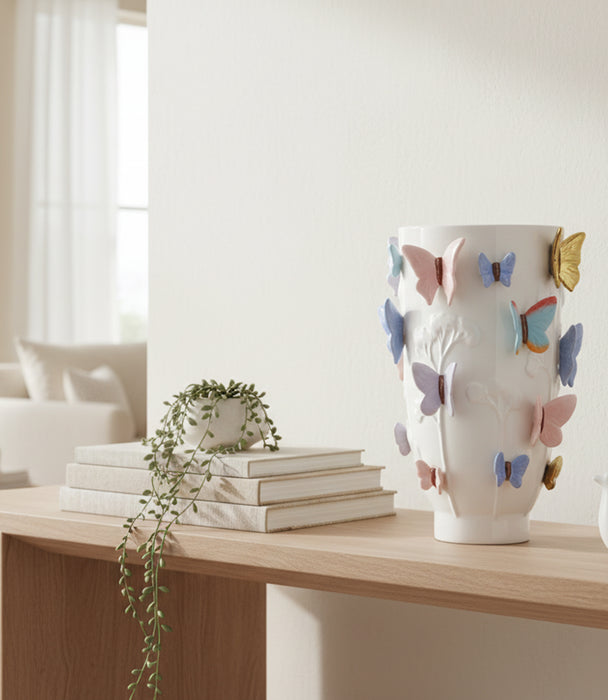 مزهرية بترفلاي سيراميك بتصميم فراشات ملونة - 24×24×25 سم