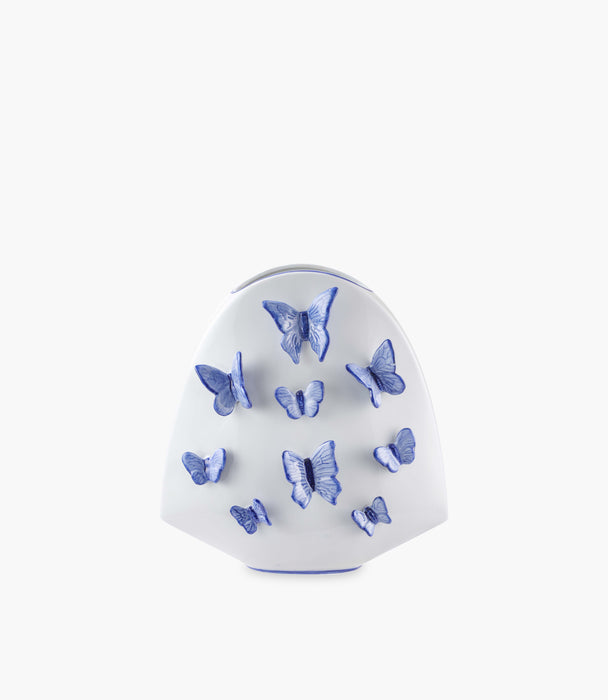 مزهرية مسطّحة بترفلاي سيراميك بيضاء بتصميم فراشات زرقاء