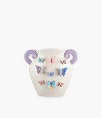 مزهرية بترفلاي سيراميك مزينة بفراشات ملونة مع مقابض منحنية