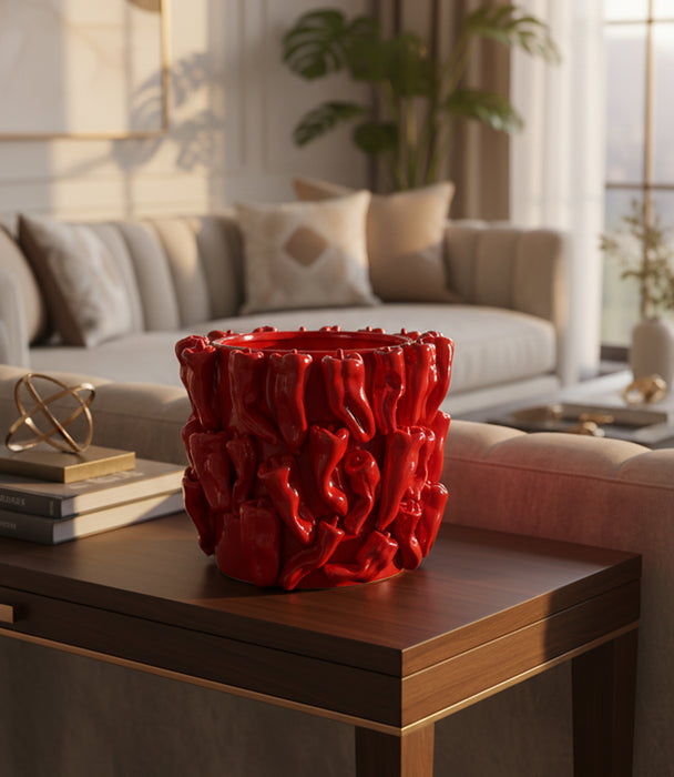 وعاء ديكور تشيليز سيراميك كبير مُزيّن بنقوش فلفل أحمر