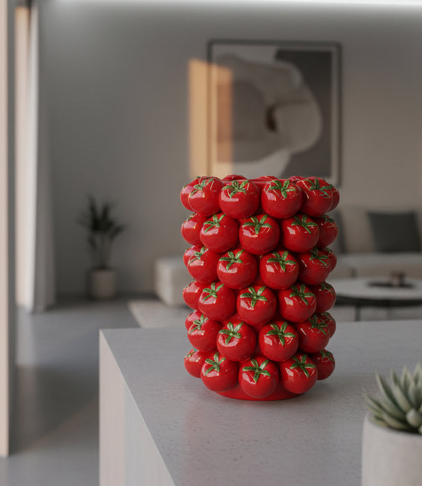 مزهرية توميتو سيراميك حمراء كبيرة بنقوش طماطم