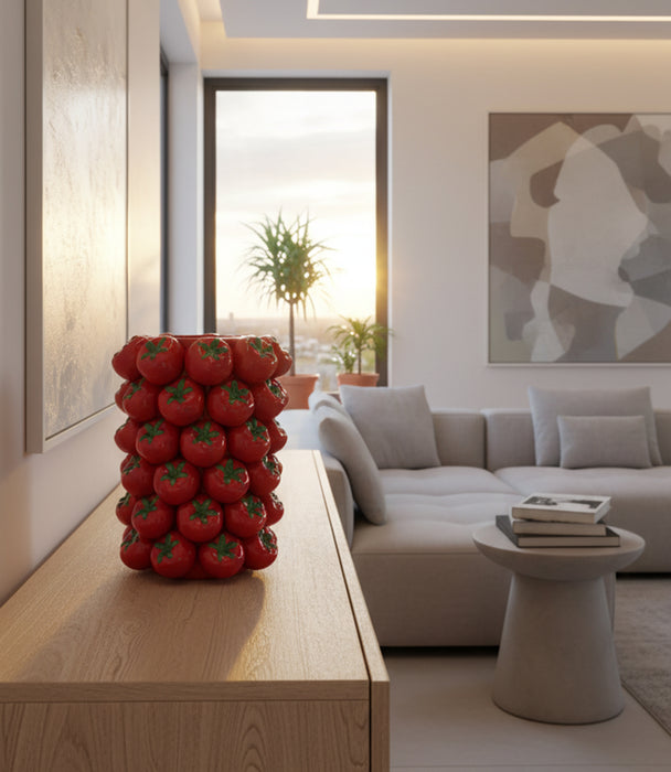 مزهرية توميتو سيراميك حمراء صغيرة بنقوش طماطم