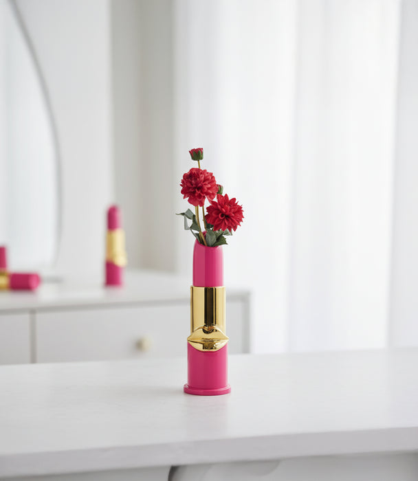 Lipstick Resin Vase, Gold & Dark Pink, 11.8X12X39.4Cm