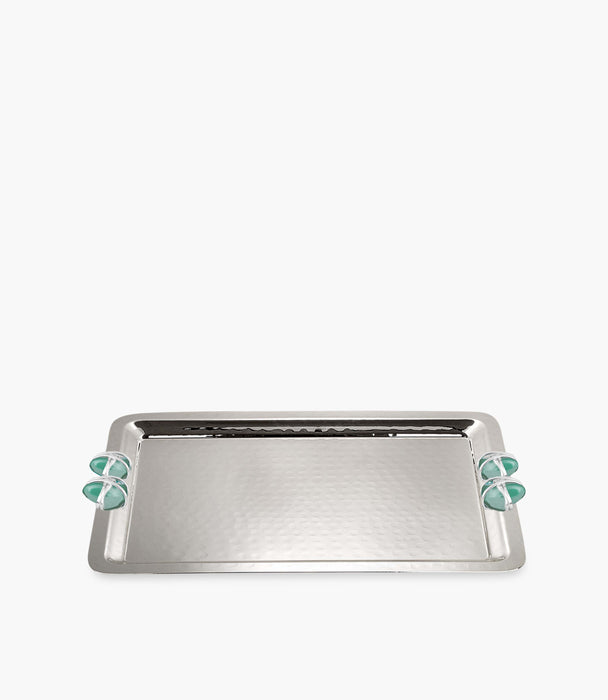 صينية مستطيلة دوجال تاس فضة مزينة بحجر أخضر كمقبض - 28×40 سم