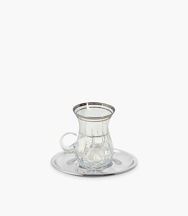 طقم أكواب شاي ميرّا كريستالية شفافة مع صحن أسود - عدد 6