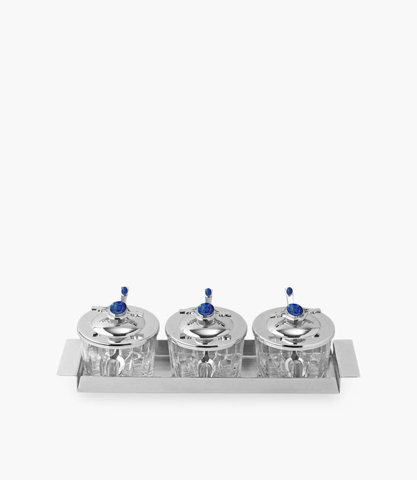 طقم أوعية إيليا فضي بقاعدة وغطاء مع مقبض أزرق - 3 قطع