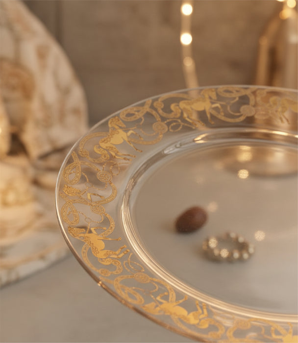 قاعدة صحون إيكواين زجاجية بزخارف ورسوم خيول ذهبية