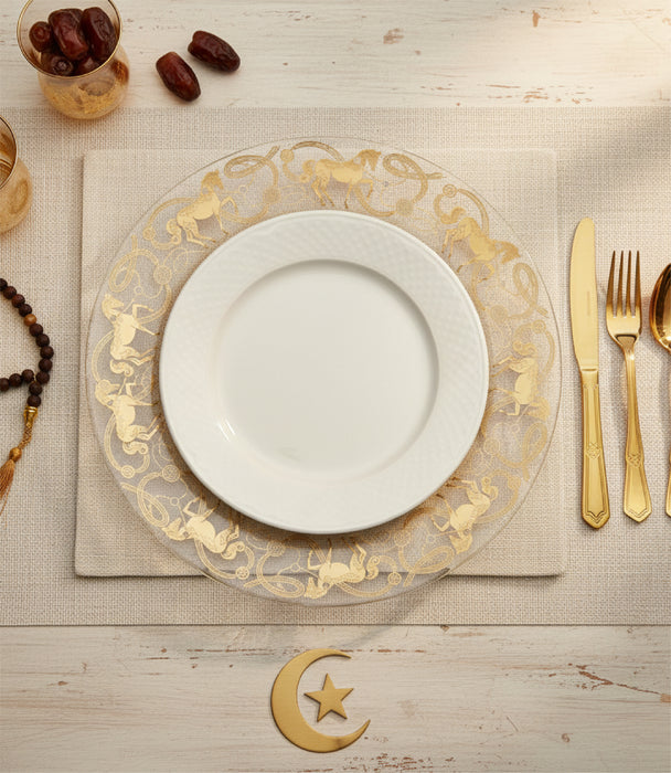 قاعدة صحون إيكواين زجاجية بزخارف ورسوم خيول ذهبية