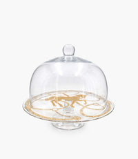 طبق تقديم إيكواين زجاجي برسمة حصان ذهبية مع قاعدة وغطاء شفاف