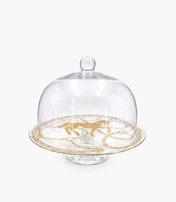 طبق تقديم إيكواين زجاجي برسمة حصان ذهبية مع قاعدة وغطاء شفاف