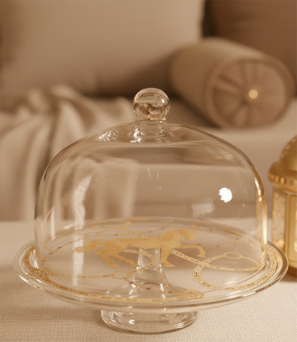 طبق تقديم إيكواين زجاجي برسمة حصان ذهبية مع قاعدة وغطاء شفاف