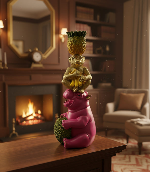 حامل شمعة ماجيك وورد بولي ريزن ملون بشكل فرس نهر مع قرد