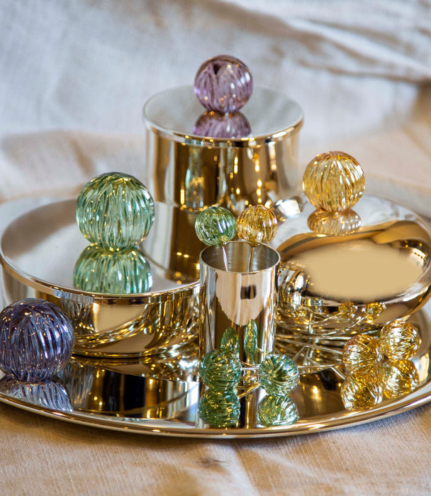 علبة جلاس ببل فضة مسطّحة بمقبض كريستالي أخضر