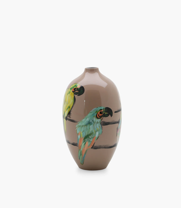 مزهرية أمازونيا بورسلين بيج مع رسوم ببغاء ملونة - 43×24 سم