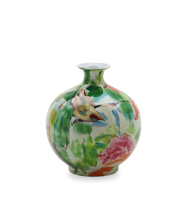 Birds On Tree Multicolor Hand Painted Oval Porcelain Vase