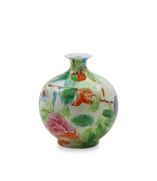 Birds On Tree Multicolor Hand Painted Oval Porcelain Vase