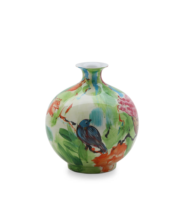 Birds On Tree Multicolor Hand Painted Oval Porcelain Vase