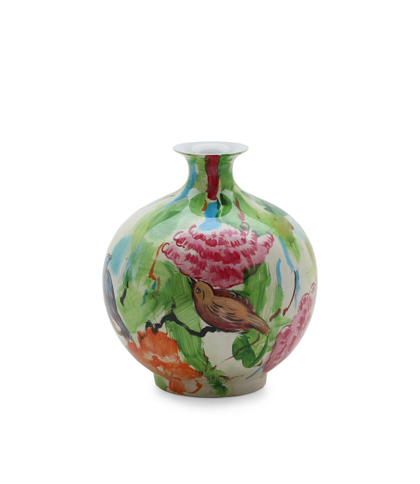 Birds On Tree Multicolor Hand Painted Oval Porcelain Vase