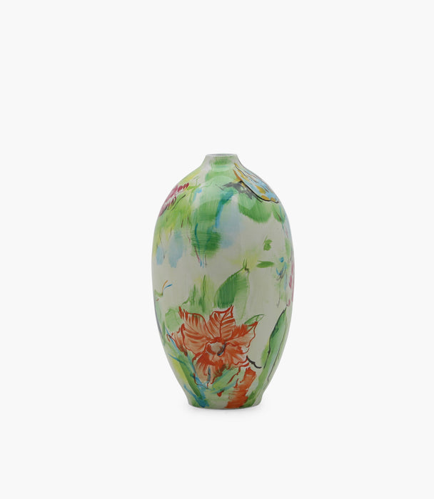Birds On Tree Multicolor Hand Painted Round Porcelain Vase