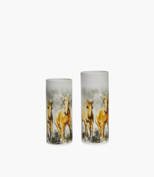Horse Cylinder Vase Porcelain Grey & Yellow 41×16 Cm - Roomours UAE