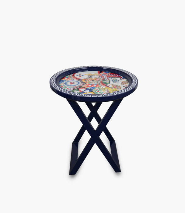 طاولة باليت خشبية زرقاء بزخارف ملونة - 58×58×65 سم