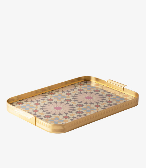 Naqsh Beige/Pink Aluminum Frame Tray 54.5*34*4Cm