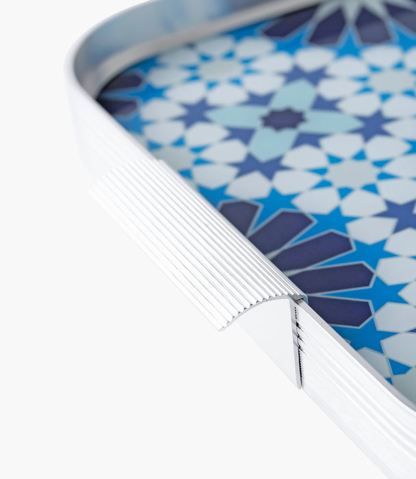 صينية بلو جيوماتريك ألمنيوم بزخارف هندسية دائرية زرقاء وإطار