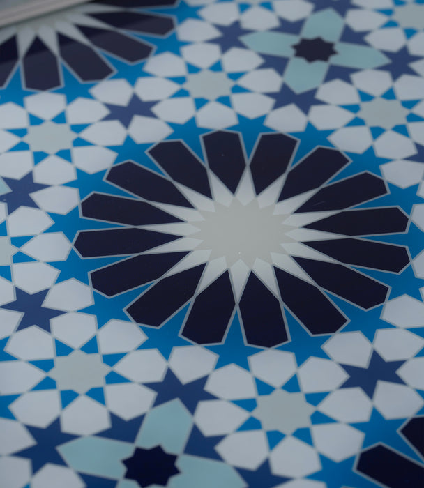 صينية بلو جيوماتريك ألمنيوم بزخارف هندسية دائرية زرقاء وإطار