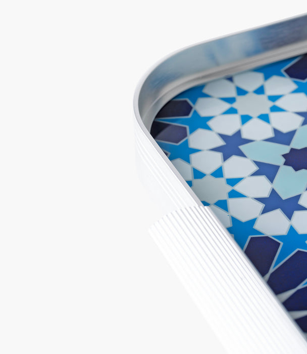 صينية بلو جيوماتريك ألمنيوم بزخارف هندسية دائرية زرقاء وإطار