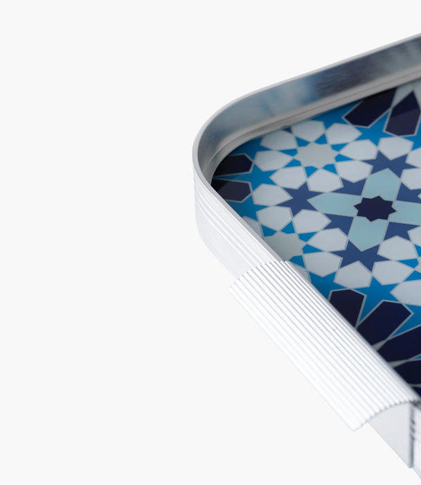 صينية بلو جيوماتريك ألمنيوم بزخارف هندسية دائرية زرقاء وإطار