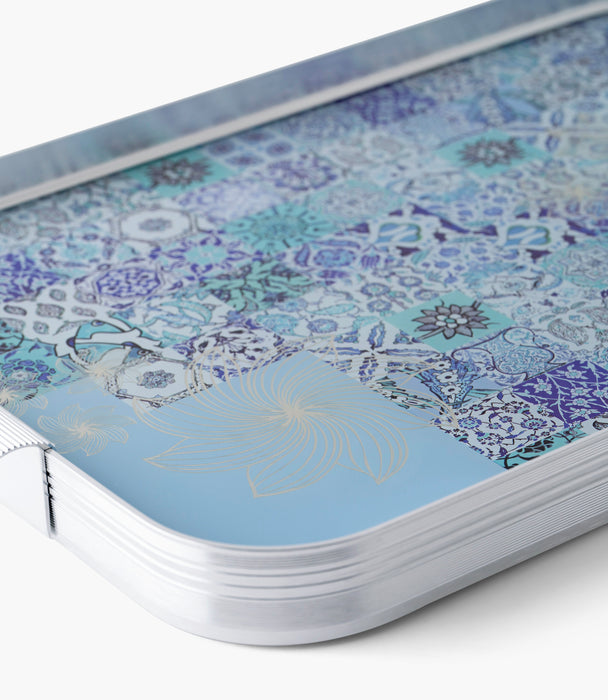 صينية بلو تايلز ألمنيوم بزخارف ملونة وإطار فضي