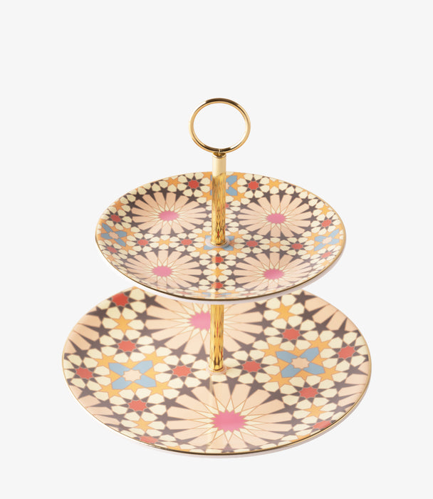 حامل كيك طبقتين بينك جيوماتريك بزخارف هندسية دائرية مع مقبض